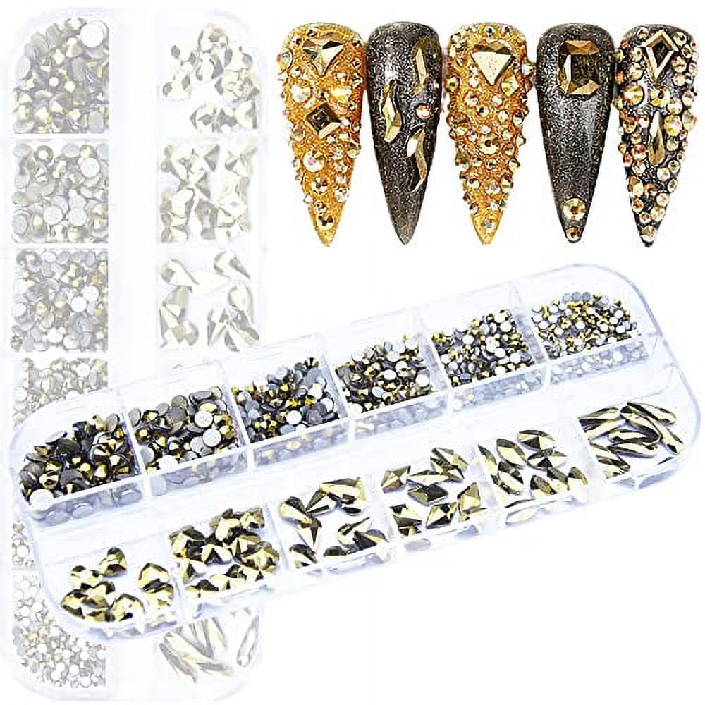 Tatiwoo 660pcs Mined Gold Nail Rhinestones Flatback Gold Gems Crystals Glass Stones Round Beads Multi Shapes Sizes Nail Rhinestones Charms for Nail DIY Crafts